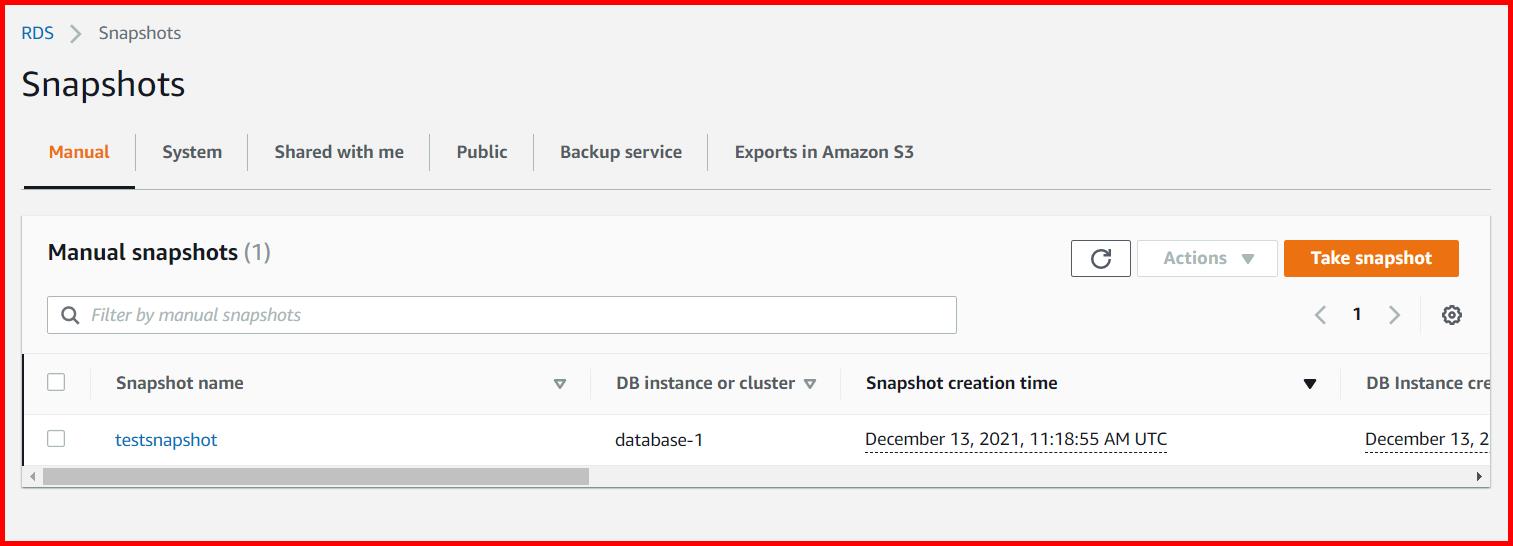Picture showing the screen that list down all the snapshots created for the database